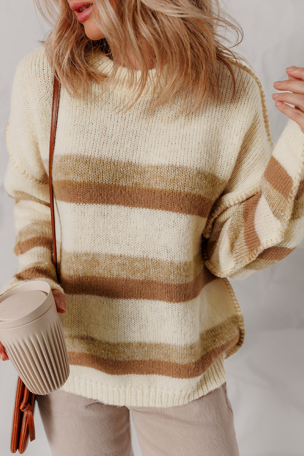 Khaki Stripe Exposed Seam Drop Shoulder Knit Baggy Oversized Sweater Cozy Casual Knitwear Dear-Lover Dropshipping